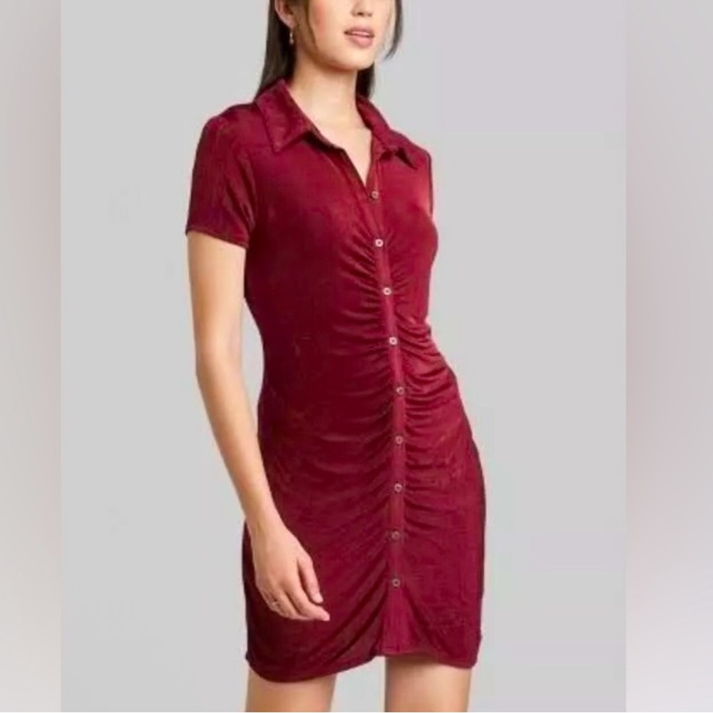 Burgundy button down cinched mini dress